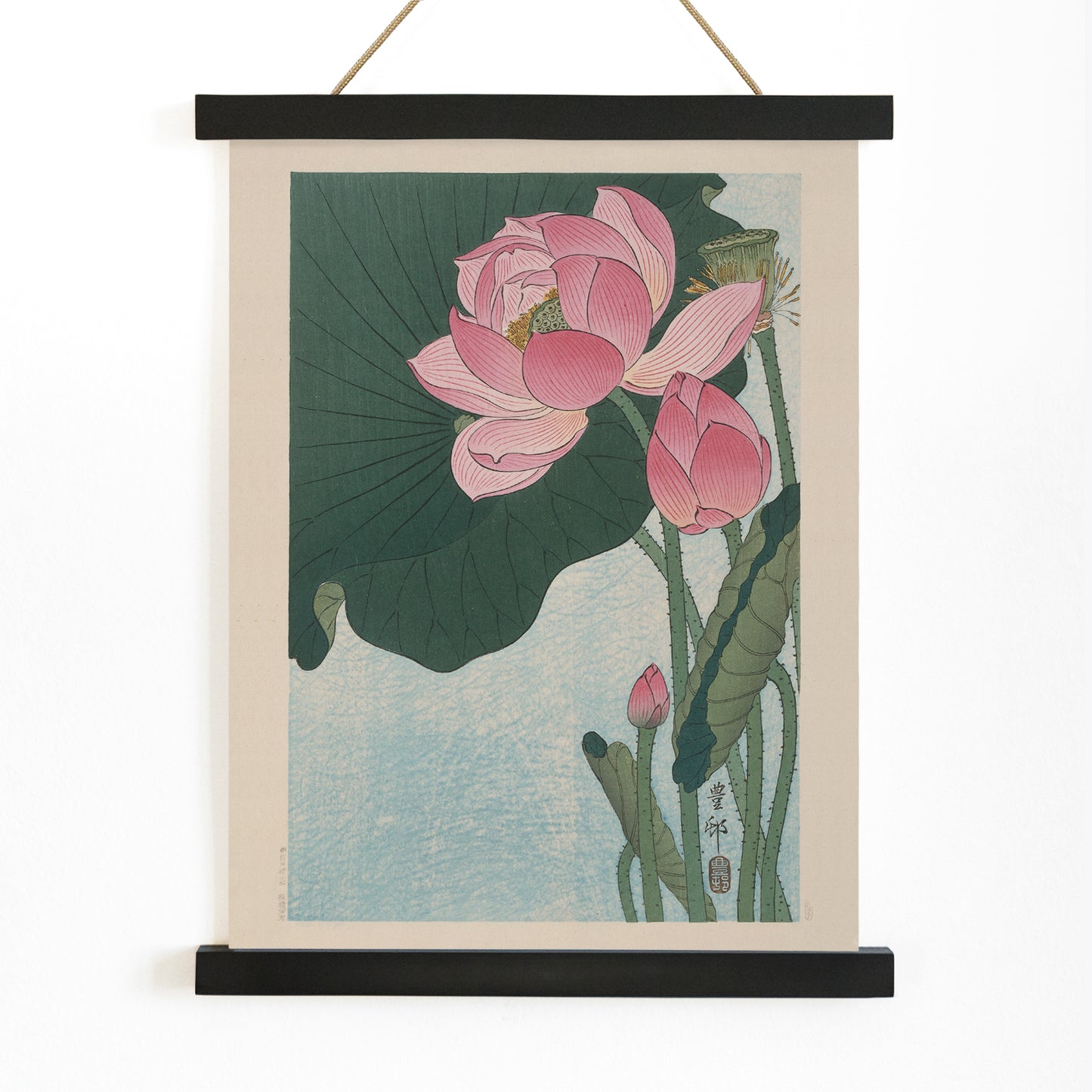 Pink lotus flowers and green leaves in Japanese woodblock print poster by Ohara Koson with light blue background, with wooden magnetic frame on white background