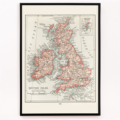 Closeup detail of Vintage cartographic map of the British Isles from Universal Atlas of the World as detailed artwork poster