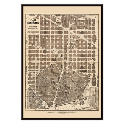 Detailed vintage map of Barcelona poster artwork featuring a city map layout with illustrated streets and blocks, with black aluminium frame on white background