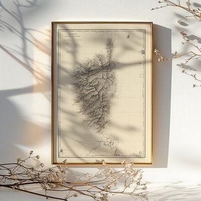 Antique map poster of Corsica Carte Generale De LIle De Corse by Depot General de la Marine detailed geographical wall art, framed and displayed in modern living room decor