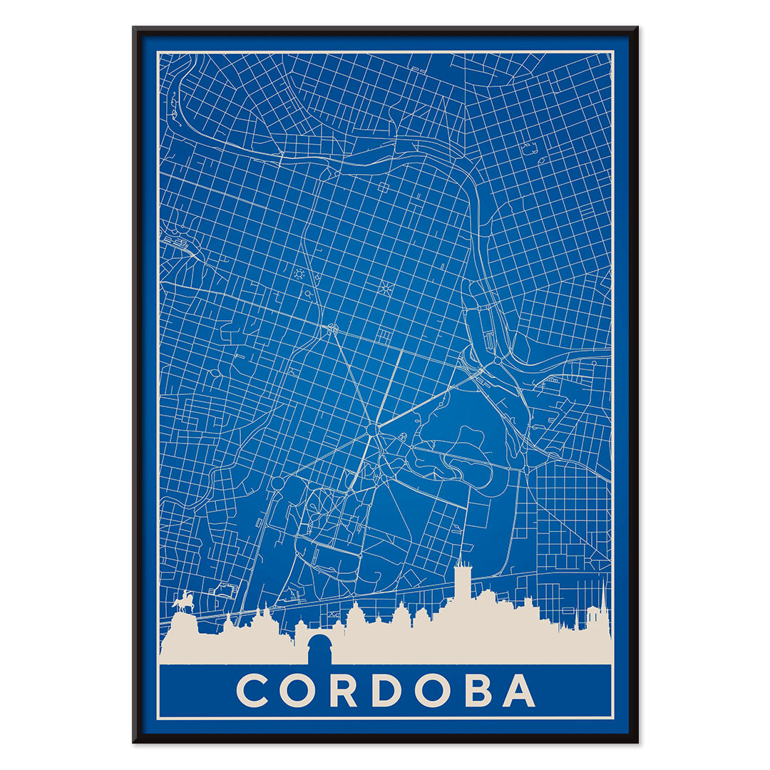 Cordoba Minimalist Map artwork and poster with blue and white grid design and city skyline silhouette, with black aluminium frame on white background
