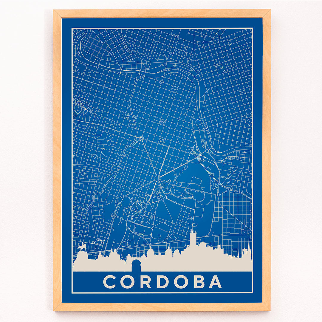 Cordoba Minimalist Map artwork and poster with blue and white grid design and city skyline silhouette, framed and displayed in modern living room decor