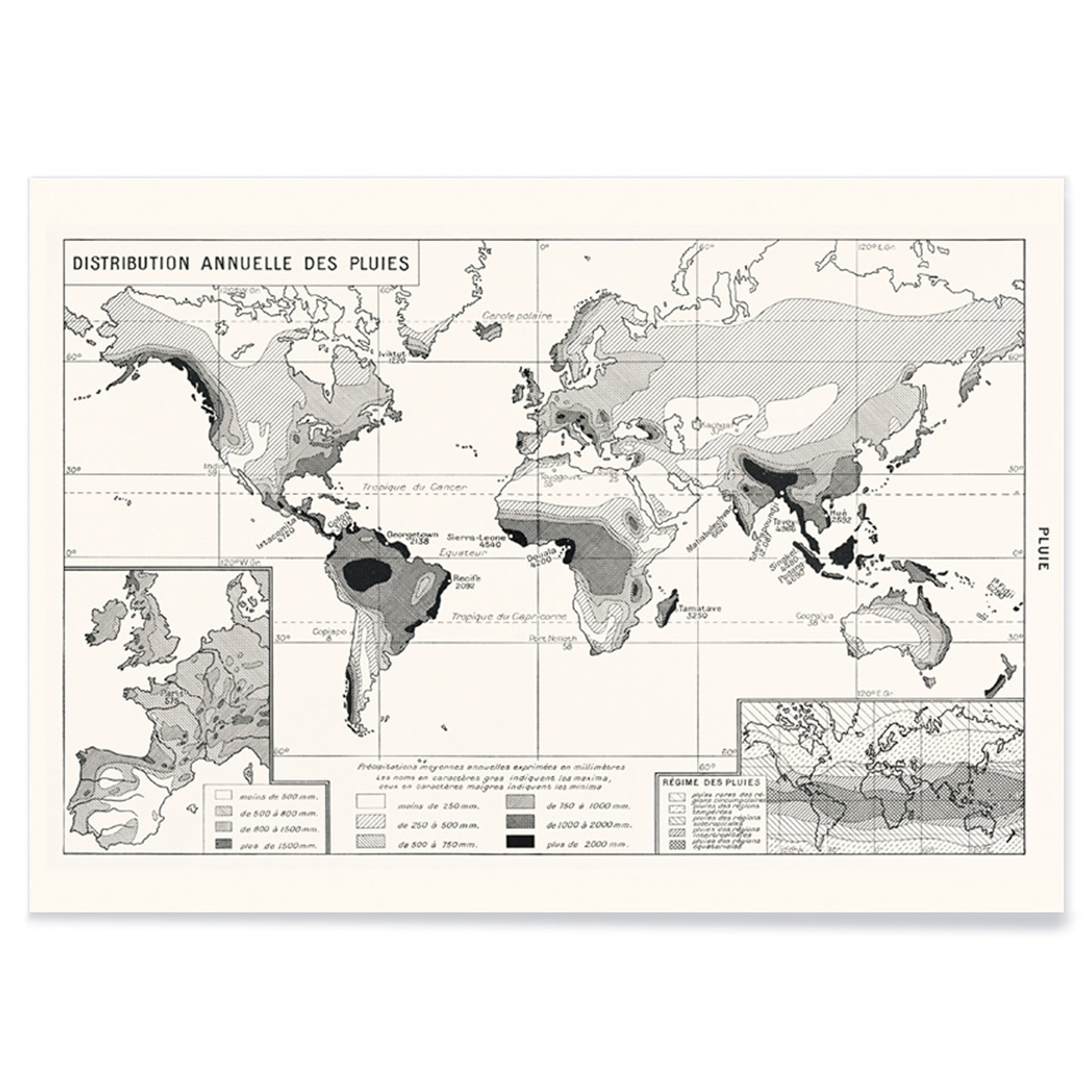 Black and white world map poster illustrating annual rainfall distribution patterns wall art, with black aluminium frame on white background