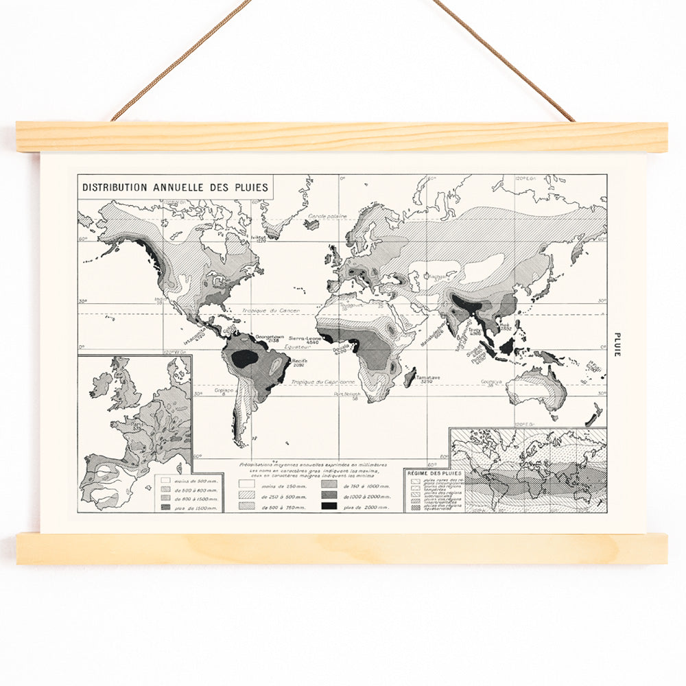 Black and white world map poster illustrating annual rainfall distribution patterns wall art, with wooden magnetic frame on white background