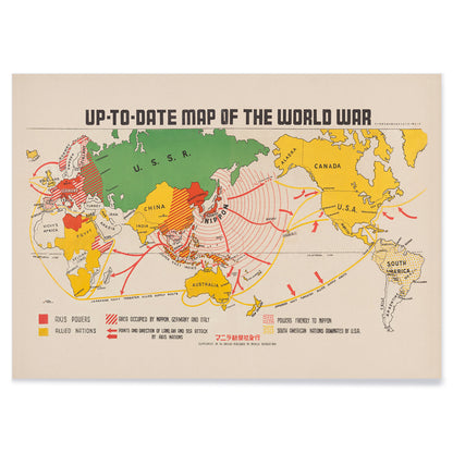 Colorful illustrated world war map showing Axis and Allied powers and marked war zones by Manila Shinbun-sha up-to-date map of the world war, with black aluminium frame on white background