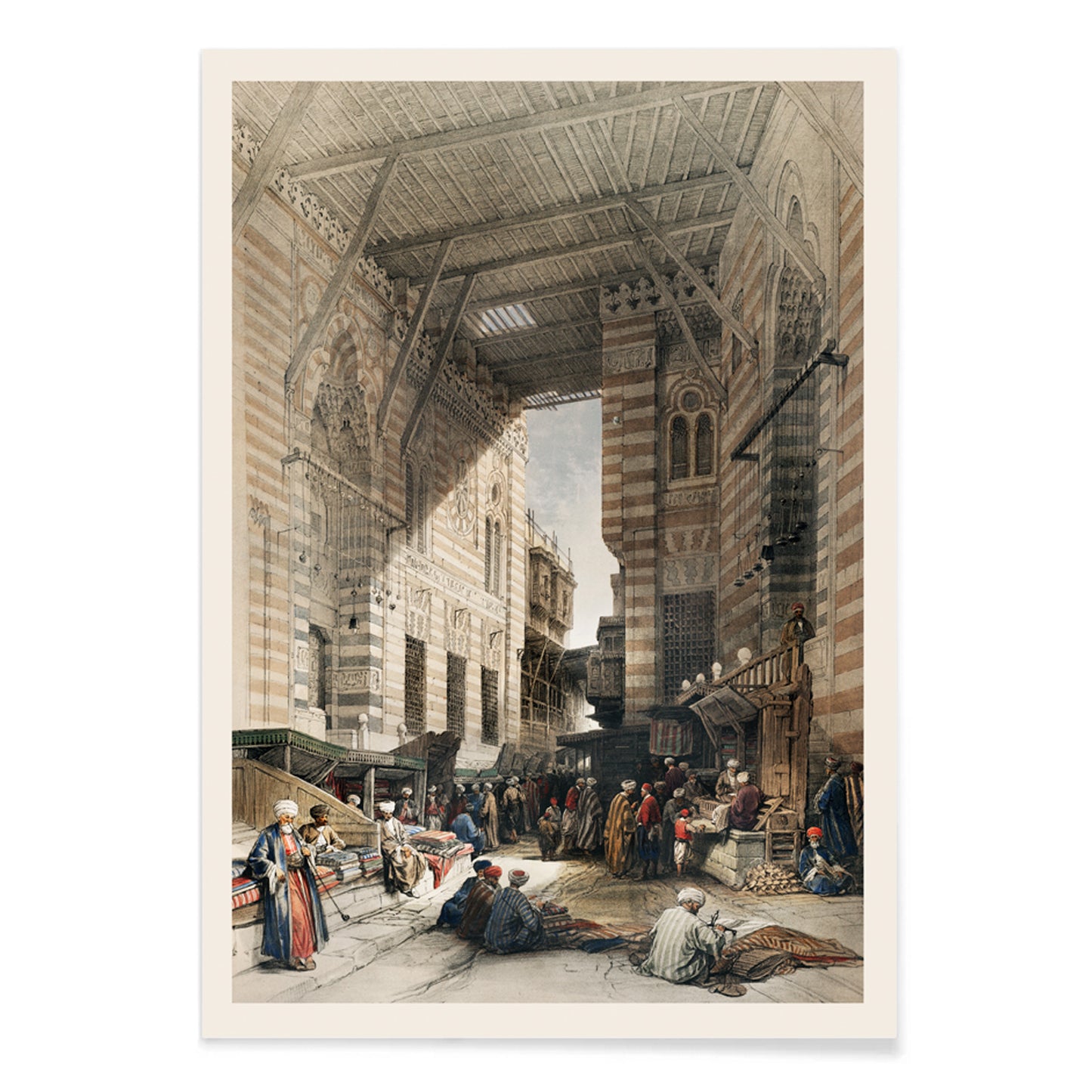 Bustling silk bazaar scene in Cairo with merchants and textiles artwork Bazaar of the silk mercers by David Roberts, with black aluminium frame on white background