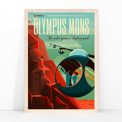 Futuristic cable cars and pods ascend the red slopes of Olympus Mons on Mars with travelers viewing the Martian landscape in SpaceX poster artwork, framed and displayed in modern living room decor