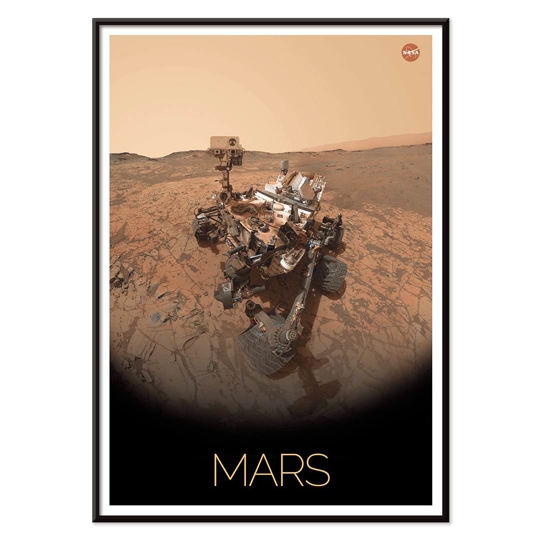 Mars exploration rover by NASA on the Martian surface in the Rover on Mars poster with NASA logo in top right corner, with black aluminium frame on white background