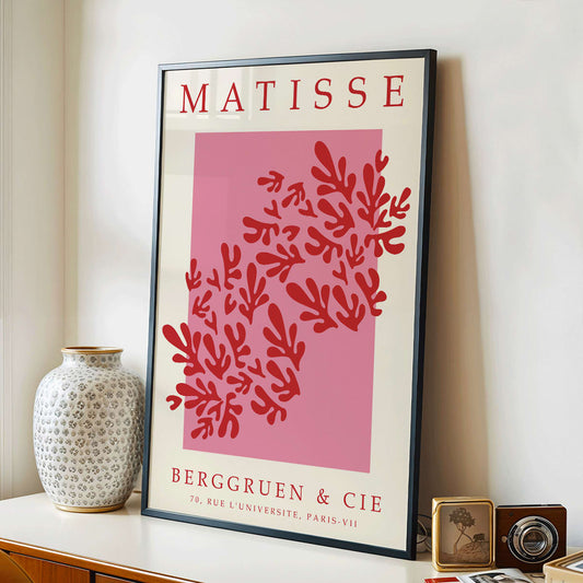 Papiers decoupes 3 Matisse inspired red and pink abstract art print poster with cut out shapes on pink background Berggruen gallery affiche, framed and displayed in home decor