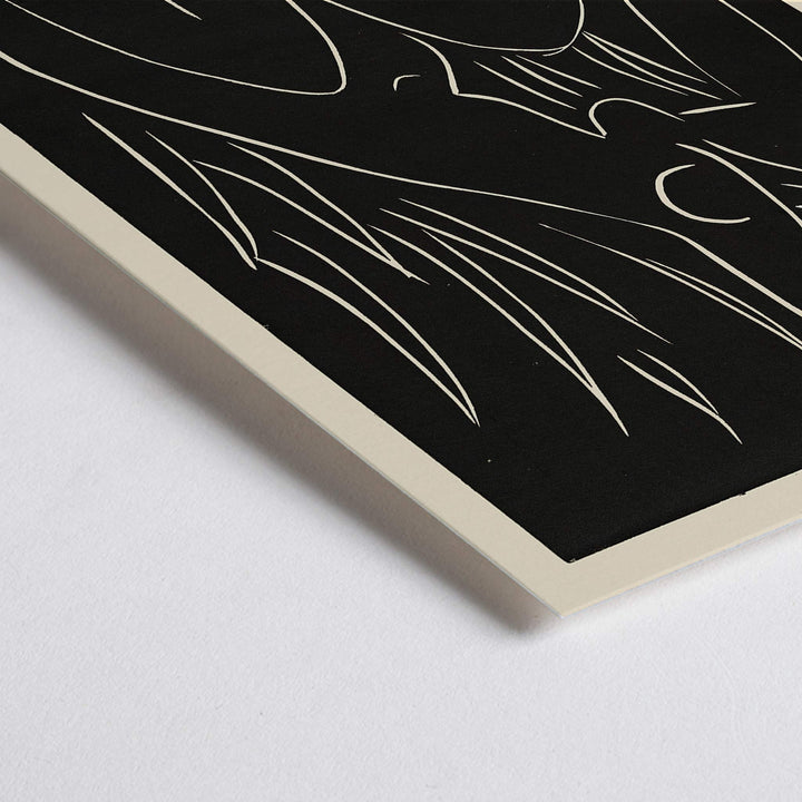 Closeup detail of Henri Matisse The Afternoon poster minimalist black line figure on dark background with white contours and vertical strokes