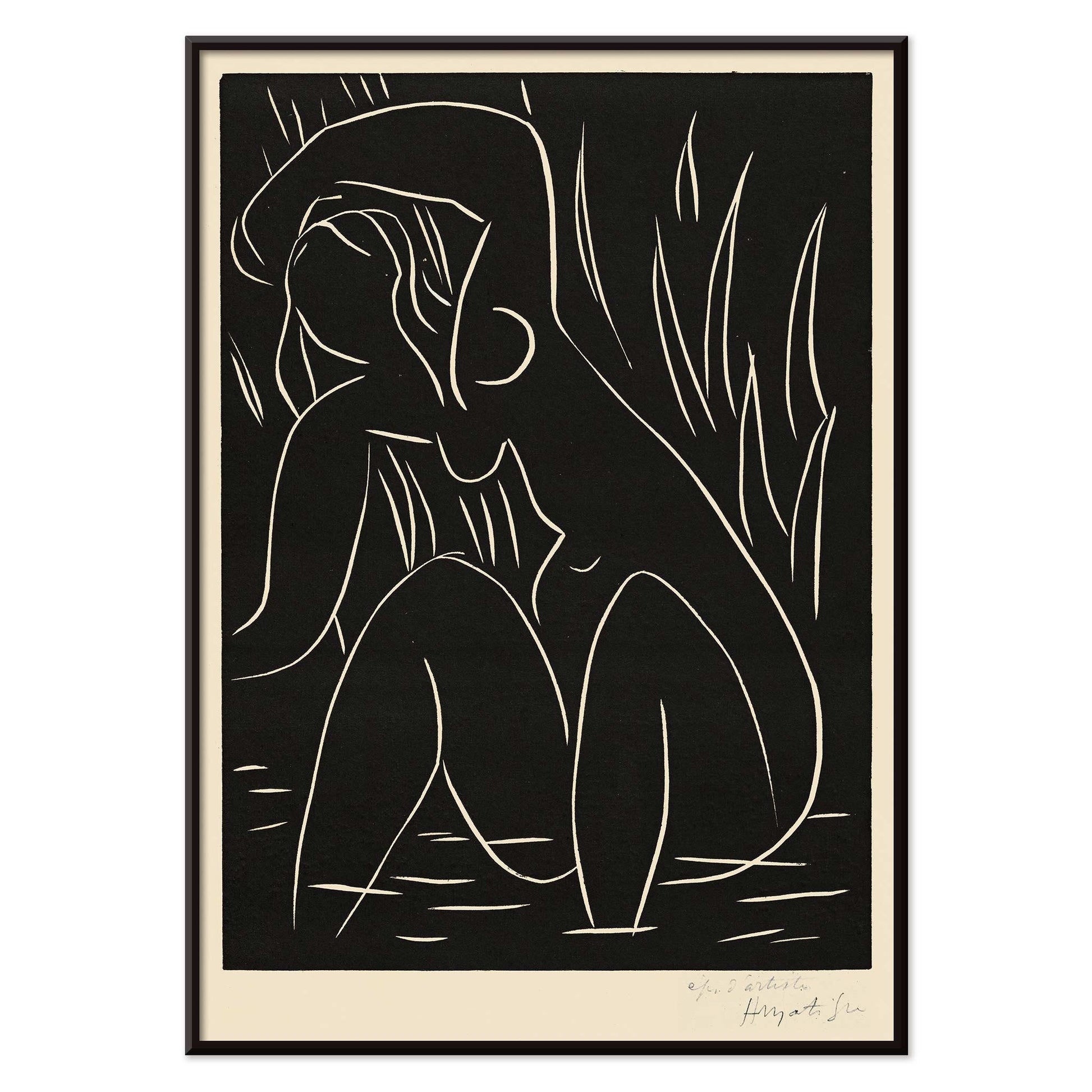 Henri Matisse The Afternoon poster minimalist black line figure on dark background with white contours and vertical strokes, with black aluminium frame on white background