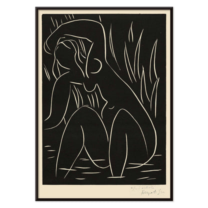 Henri Matisse The Afternoon poster minimalist black line figure on dark background with white contours and vertical strokes, with black aluminium frame on white background