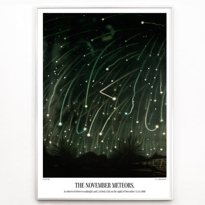 Closeup detail of The November Meteors by E L Trouvelot night sky artwork poster featuring bright meteors streaking above a dark landscape