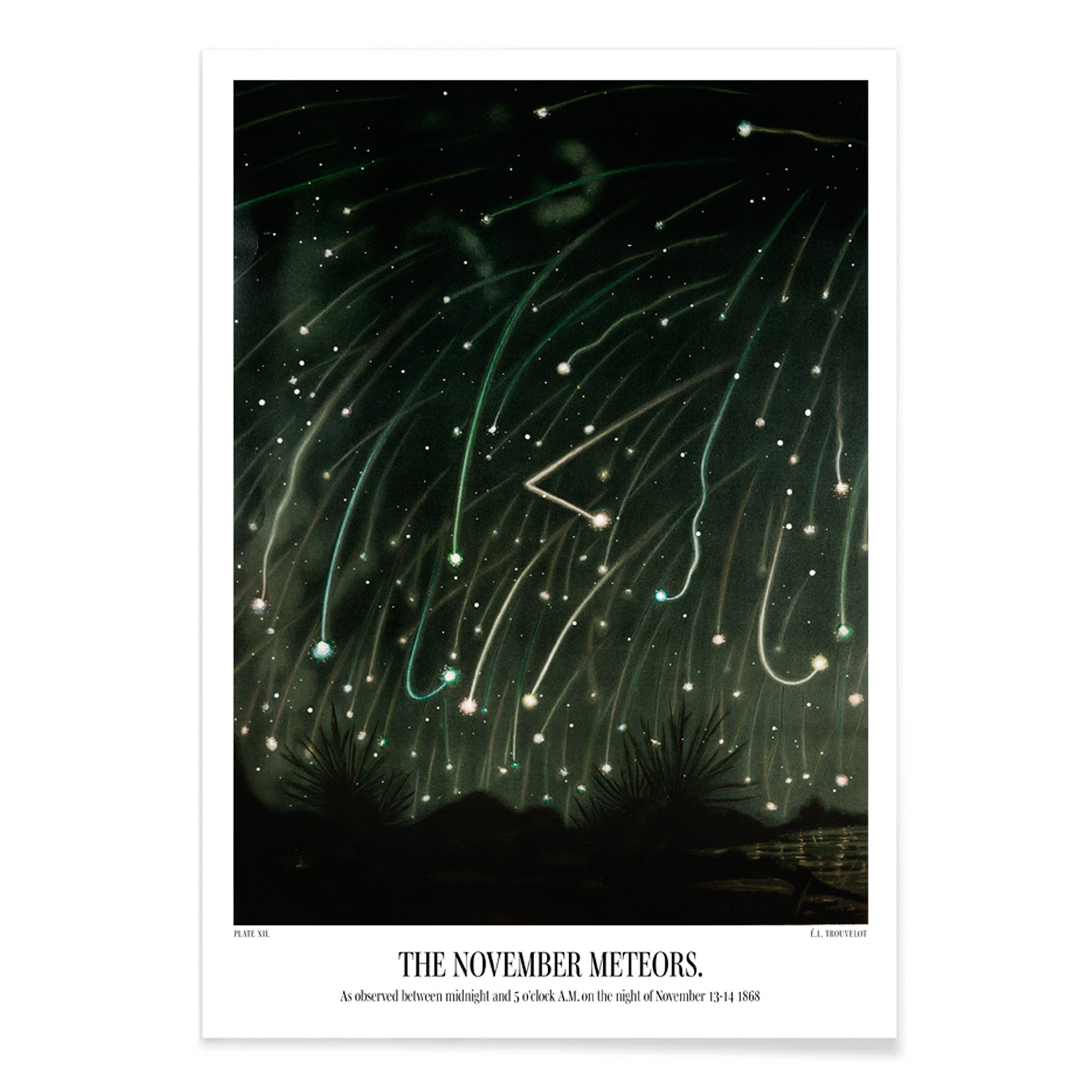 The November Meteors by E L Trouvelot night sky artwork poster featuring bright meteors streaking above a dark landscape, with black aluminium frame on white background