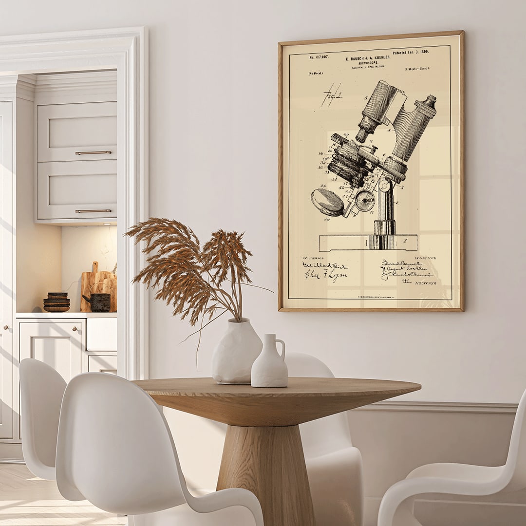 Detailed illustration and poster of microscope patent by E Bausch featuring detailed drawing titled Microscope Patent, framed and displayed in home decor