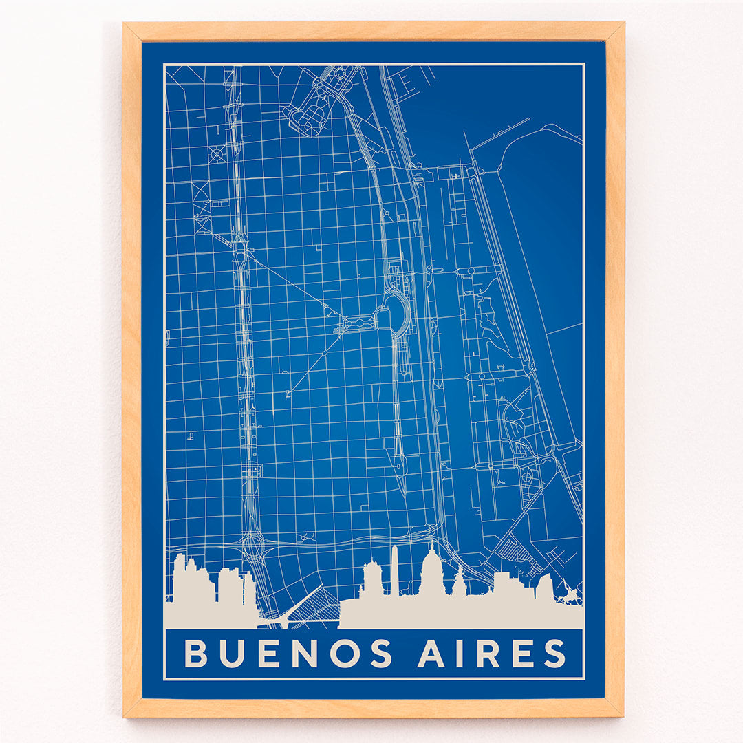 Minimalist Buenos Aires Map wall art poster featuring city streets and landmarks by Minimalist artist, framed and displayed in modern living room decor