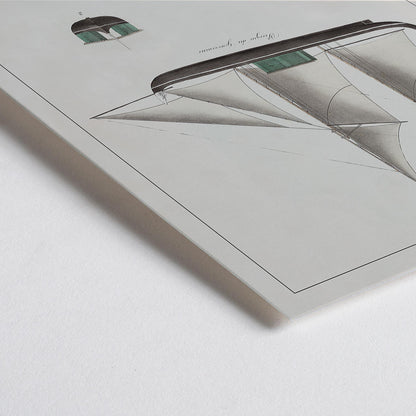 Closeup detail of Amboine by J Tastu minimalist sailing ship poster with detailed hull and sail diagrams in soft beige tones