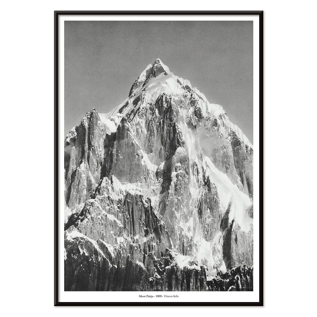 Mount Paitju snow-covered mountain and rugged terrain photo and poster by Vittorio Sella vue prise du Baltoro, with black aluminium frame on white background