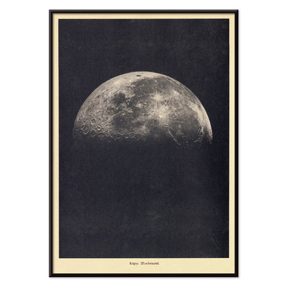 Black and white lunar surface artwork and detailed moon illustration poster by Institute of Liepzig wall art for home decor, with black aluminium frame on white background