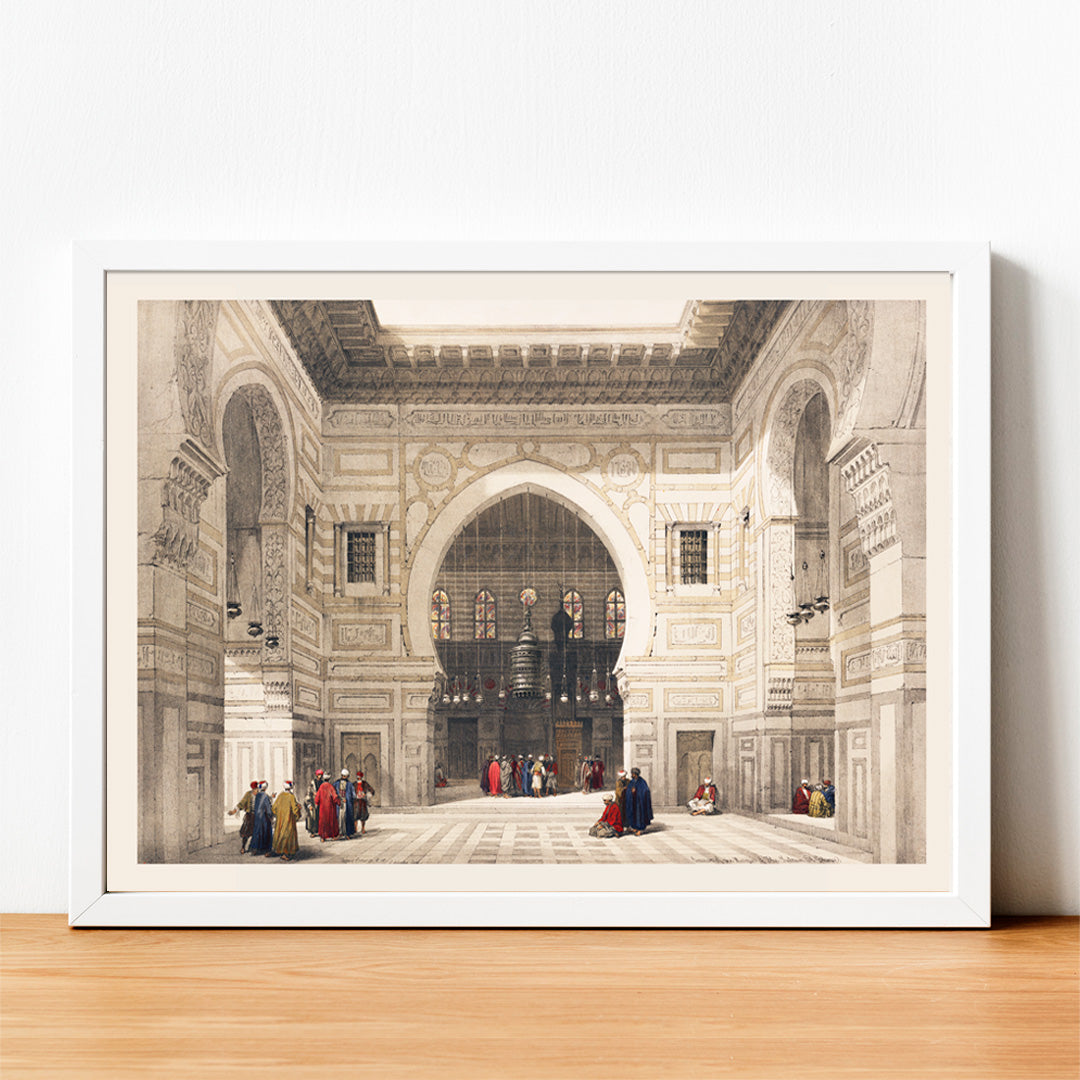 Elegant interior of Sultan the Ghoree mosque with figures and detailed architecture by David Roberts, framed and displayed in home decor