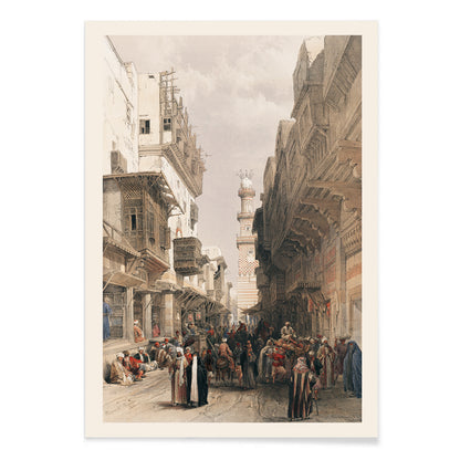 Bustling Cairo street scene with Mosque The Mooristan and people illustrated by David Roberts, with black aluminium frame on white background
