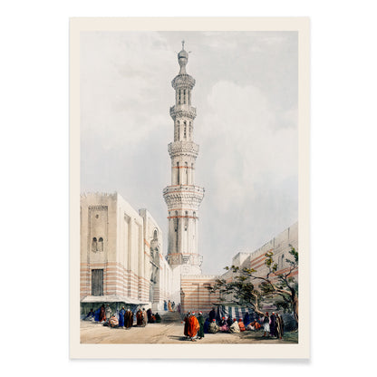 People gathered outside ornate minaret mosque in Cairo detailed illustration by David Roberts, with black aluminium frame on white background