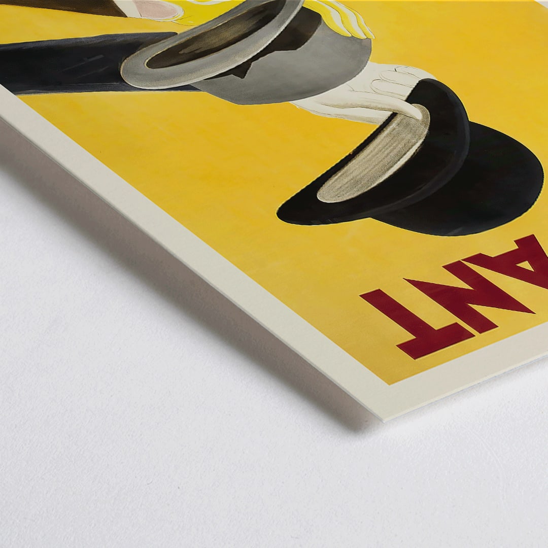 Closeup detail of Vibrant poster by Leonetto Cappiello featuring three hands holding hats with yellow background and Mossant text