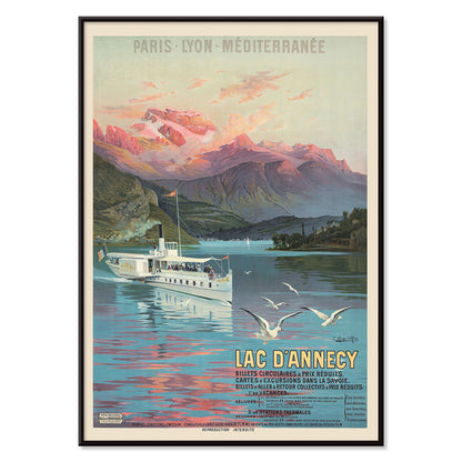 Poster of Le Lac d Annecy by Frederic Hugo d Alesi showing a scenic mountain lake with boat and seagulls at sunset, with black aluminium frame on white background