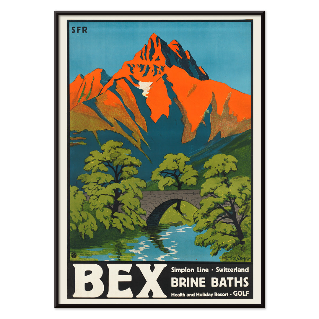 Colorful vintage Swiss mountain landscape with stone bridge and river artwork Bex Brine Baths by Aime Felix Nicollerat, with black aluminium frame on white background
