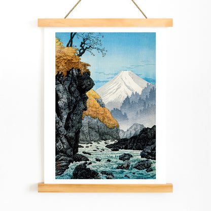 Mountain landscape with river autumn trees and rocky cliffs at Foot of Mount Ashitaka by Hiroaki Takahashi poster, with wooden magnetic frame on white background