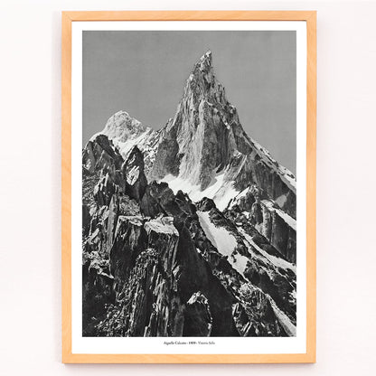 Jagged mountain peak with snow and glaciers by Vittorio Sell Aiguille calcaire Baltoro and Godwin Austen poster photography, framed and displayed in modern living room decor