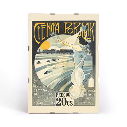 Art Nouveau poster of a woman in a white dress holding a torch and laurel branch with science themes Ciencia Popular by F Sagrista, framed and displayed in modern living room decor