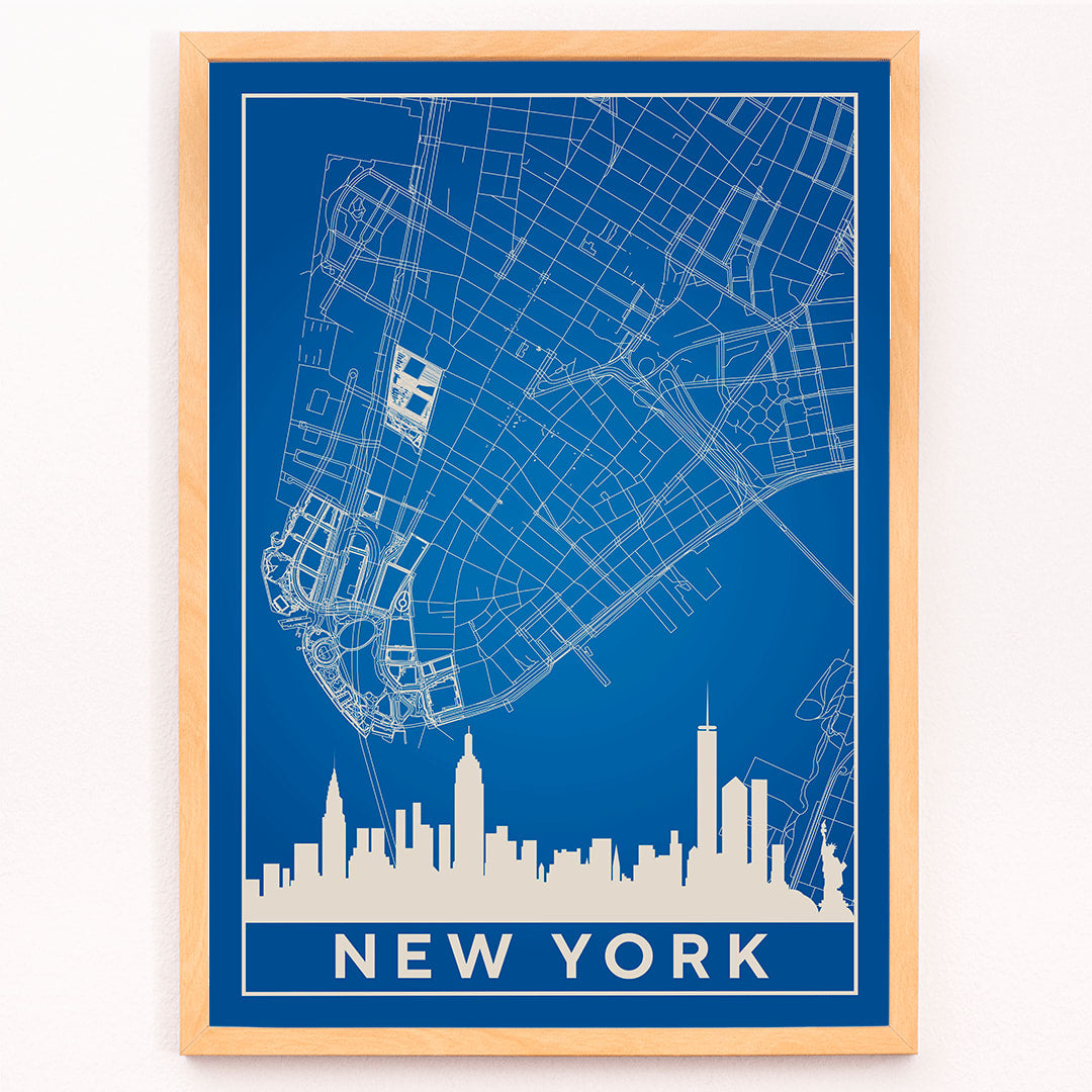 New York Minimalist Map poster by artist New York featuring a blue and white outline of New York City streets above a city skyline silhouette, framed and displayed in modern living room decor