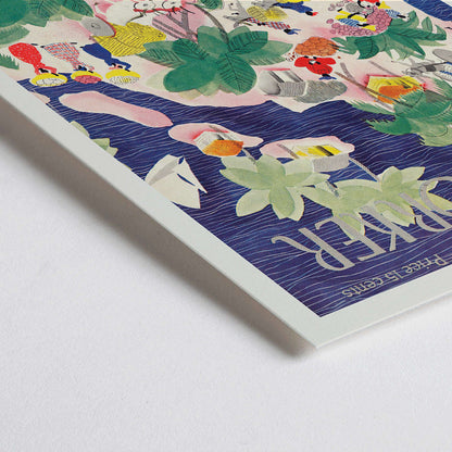 Closeup detail of Colorful tropical island scene with people huts boats and palm trees in watercolor style illustration by Roger Duvoisin for The New Yorker