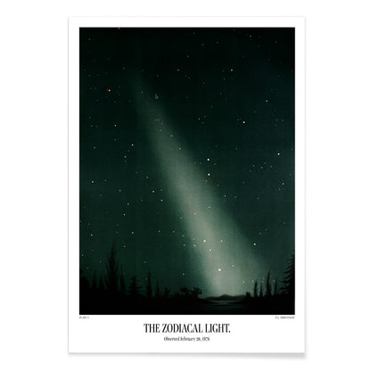 Night sky with zodiacal light and stars by E L Trouvelot poster featuring luminous band and silhouetted trees, with black aluminium frame on white background