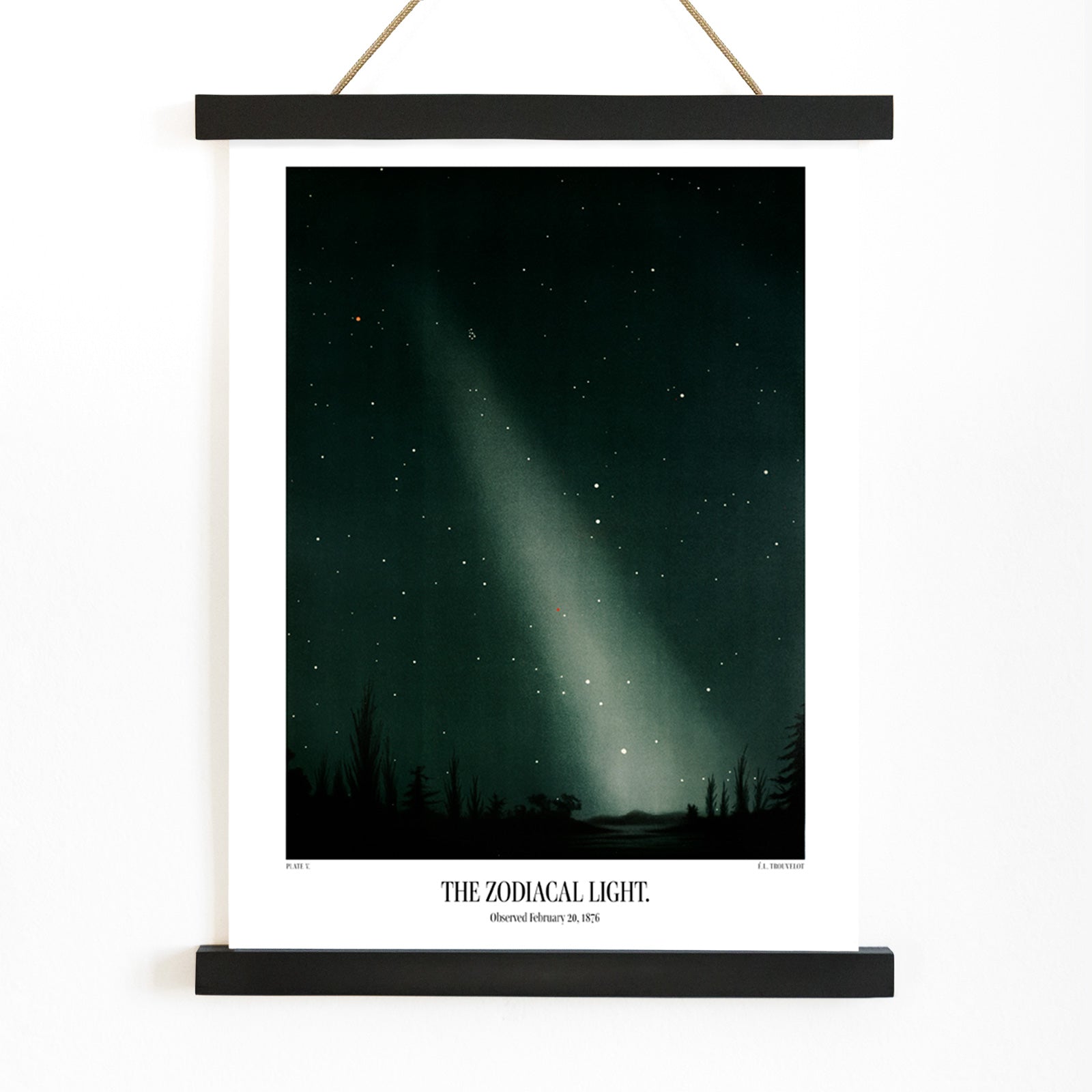 Night sky with zodiacal light and stars by E L Trouvelot poster featuring luminous band and silhouetted trees, with wooden magnetic frame on white background