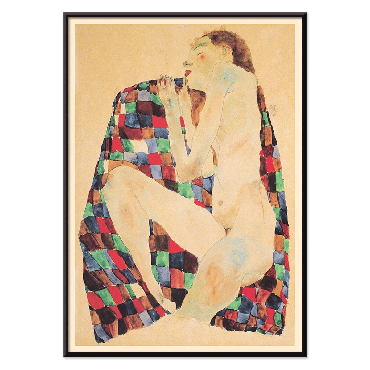 Female Nude on Checkered Cloth by Egon Schiele showing a nude woman sitting on a colorful patterned fabric poster, with black aluminium frame on white background