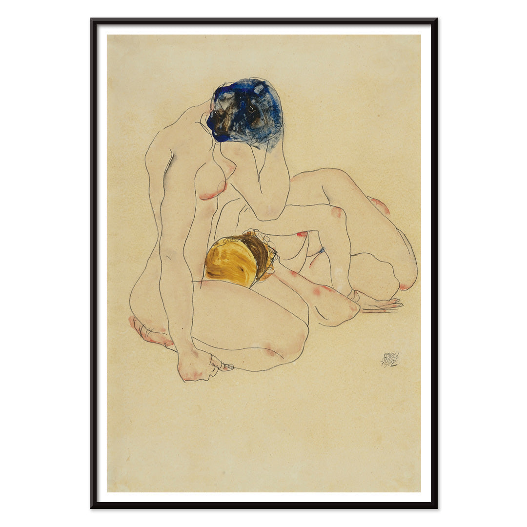 Two Friends by Egon Schiele poster featuring two nude figures in an intimate seated pose with expressive linework artwork, with black aluminium frame on white background