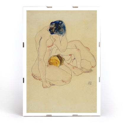Two Friends by Egon Schiele poster featuring two nude figures in an intimate seated pose with expressive linework artwork, framed and displayed in modern living room decor