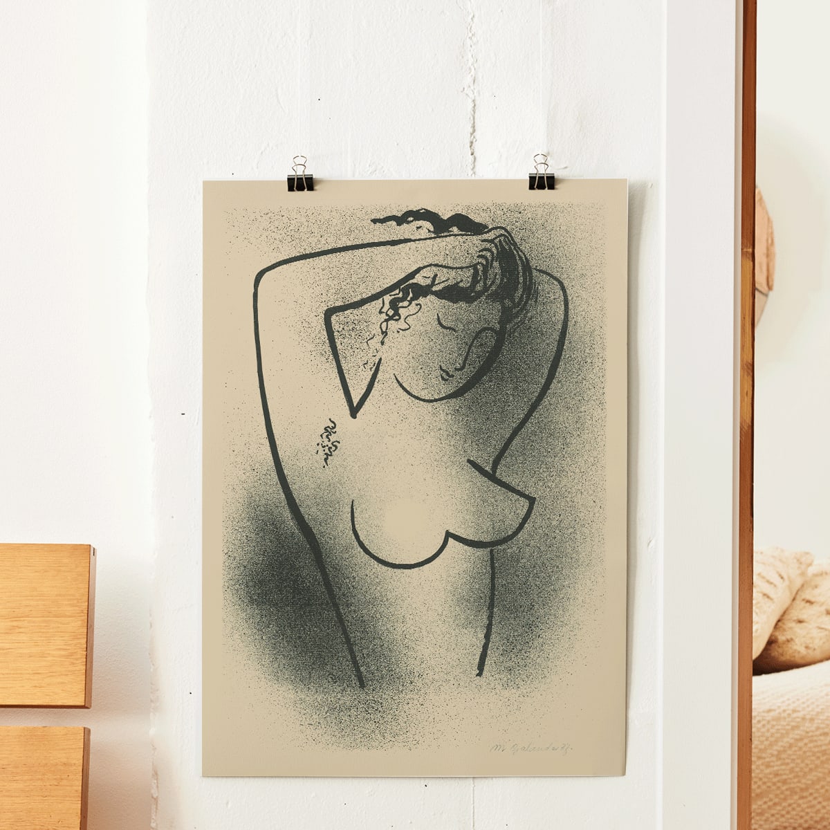 Minimalistic line art poster of a nude woman adjusting her hair by Mikulas Galanda titled Toaleta, framed and displayed in home decor