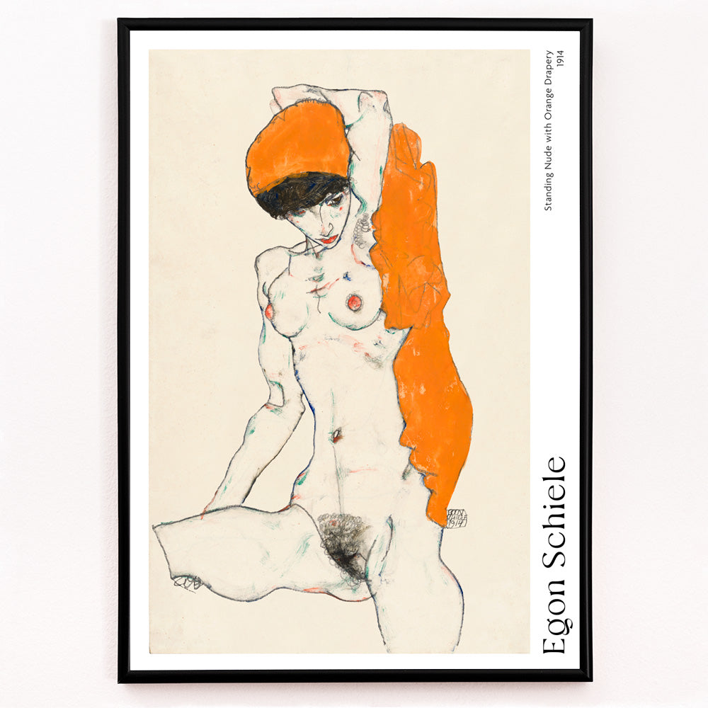 Closeup detail of Standing Nude with Orange Drapery by Egon Schiele poster showing a nude woman with orange drapery on her head and side