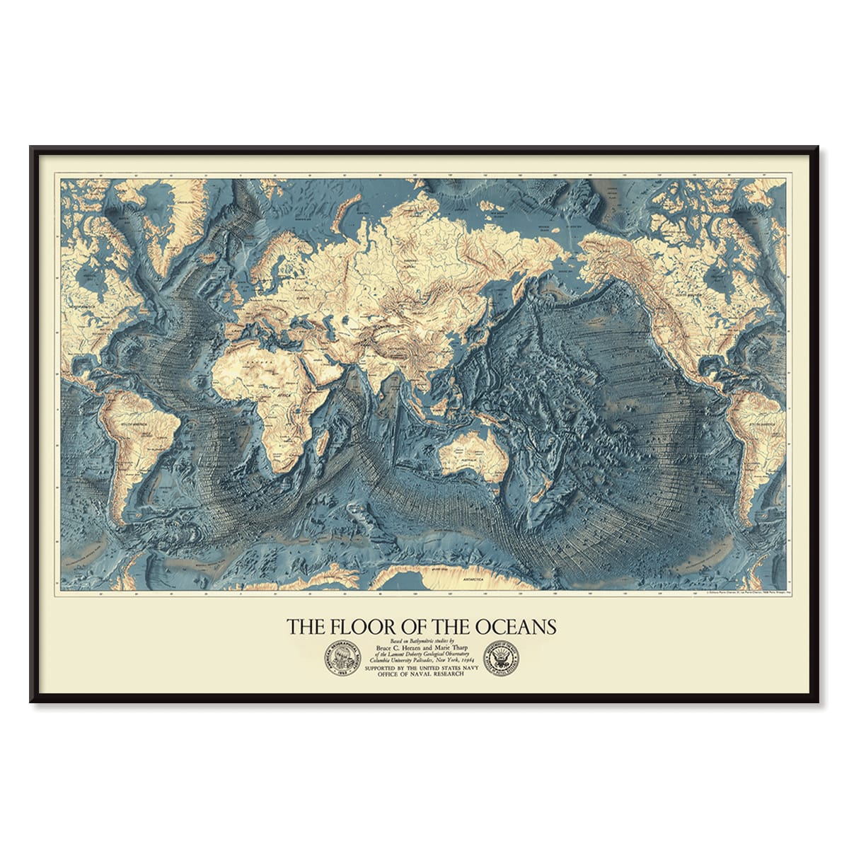 World map artwork showing ocean floors titled The Floor of the Oceans bathymetric map poster, with black aluminium frame on white background