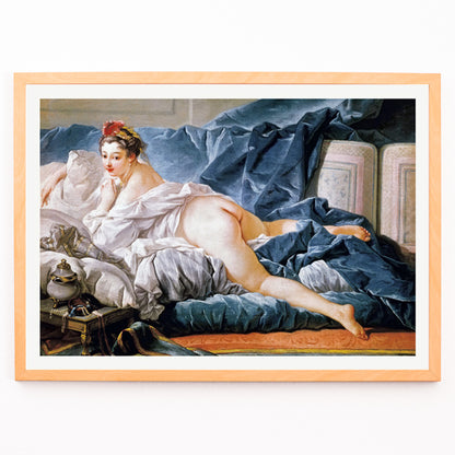 Closeup detail of Brown Odalisque by Francois Boucher poster featuring a reclining nude woman on luxurious blue and white fabrics