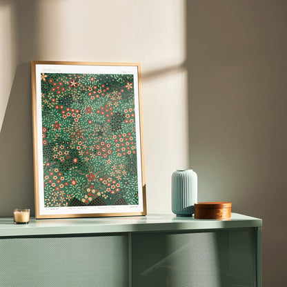 Floral pattern artwork poster by GA Audsley from The Ornamental Arts Of Japan featuring intricate vibrant green and red designs, framed and displayed in home decor
