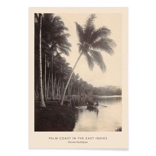 Palm trees and rowboat on river scenic landscape Palm Coast East Indies artwork by Onnes Kurkdjian poster, with black aluminium frame on white background