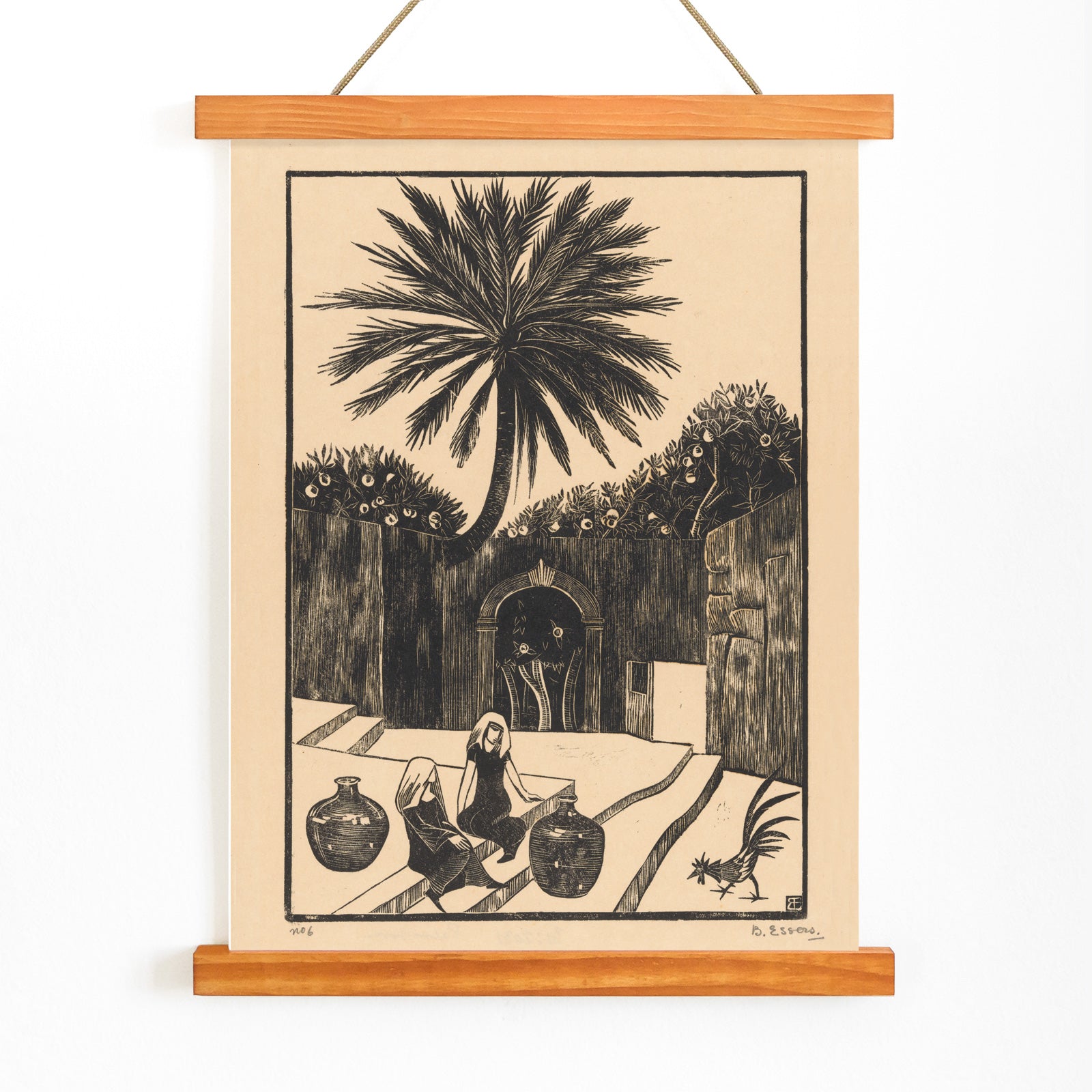 Street with steps in Taormina Sicily featuring palm tree two women with jugs and figures outdoor scene artwork by Bernard Essers, with wooden magnetic frame on white background