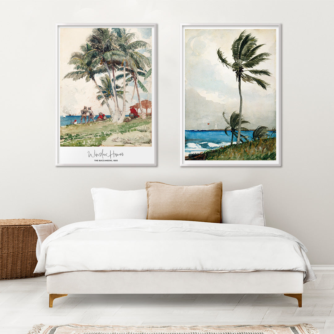 The Buccaneers by Winslow Homer poster featuring pirates under palm trees on a tropical beach with a ship in the background, framed and displayed in home decor