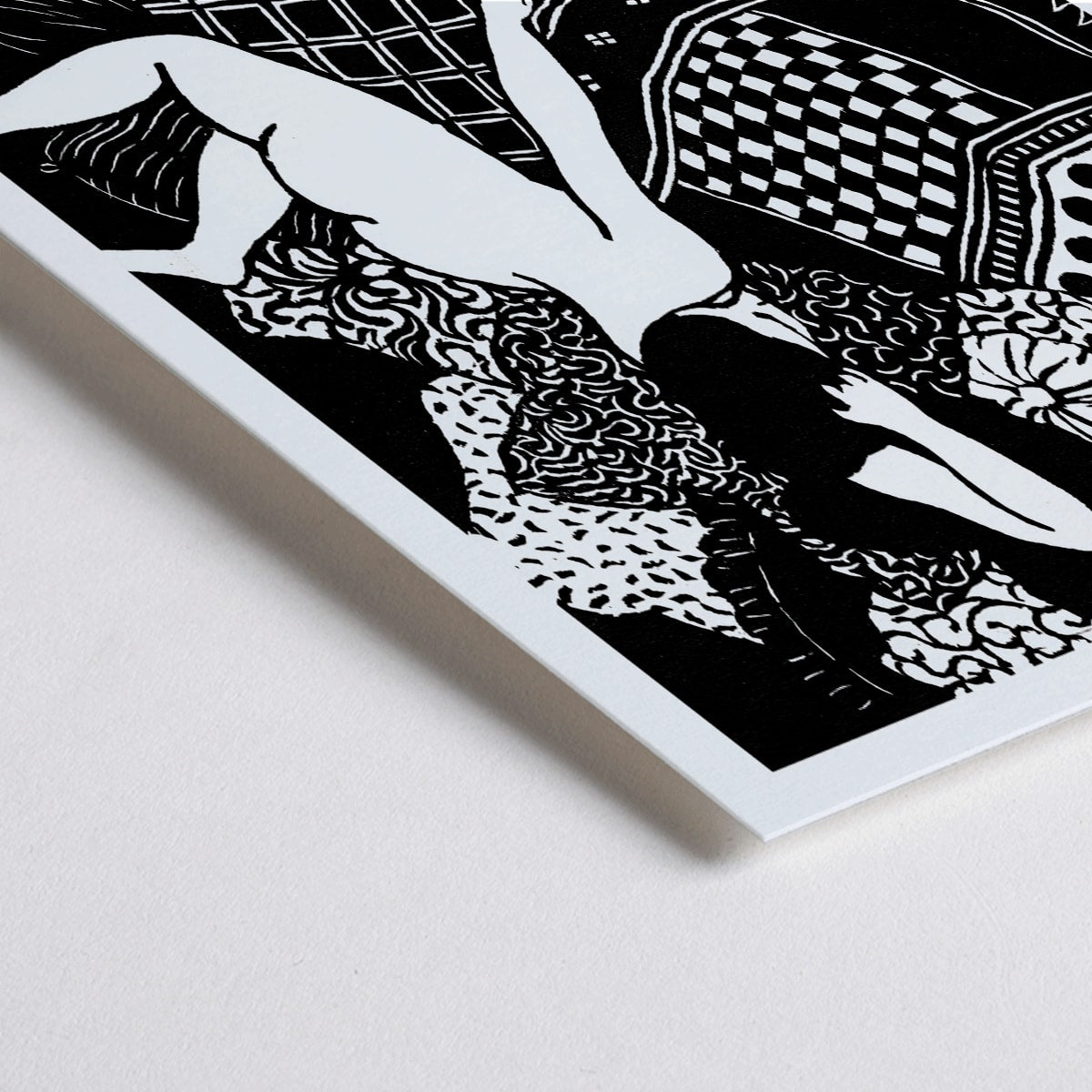 Closeup detail of La Paresse by Felix Emile-Jean Vallotton painting of a woman reclining on a patterned bed with a cat stretching beside her art poster