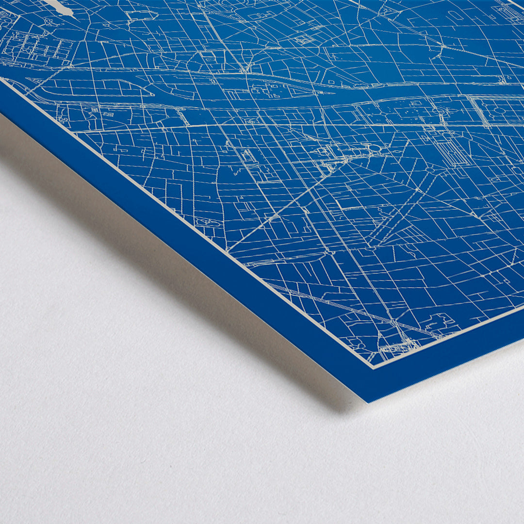 Closeup detail of Minimalist Paris city map artwork and poster featuring detailed blue and white map with Eiffel Tower and prominent Paris landmarks