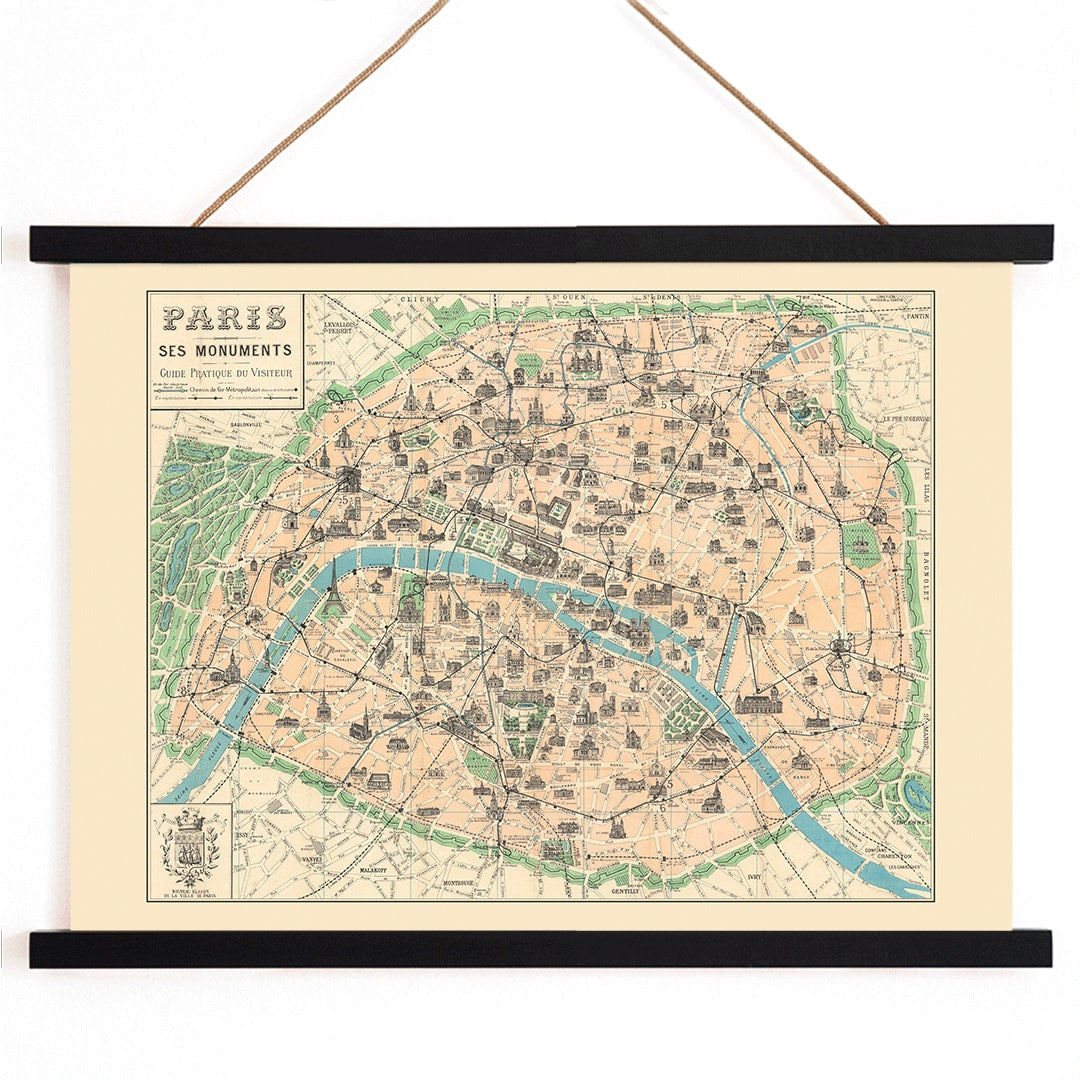 Vintage map of Paris showing monuments from Paris Ses Monuments Guide Pratique Du Visiteur by Borremans F poster, with wooden magnetic frame on white background
